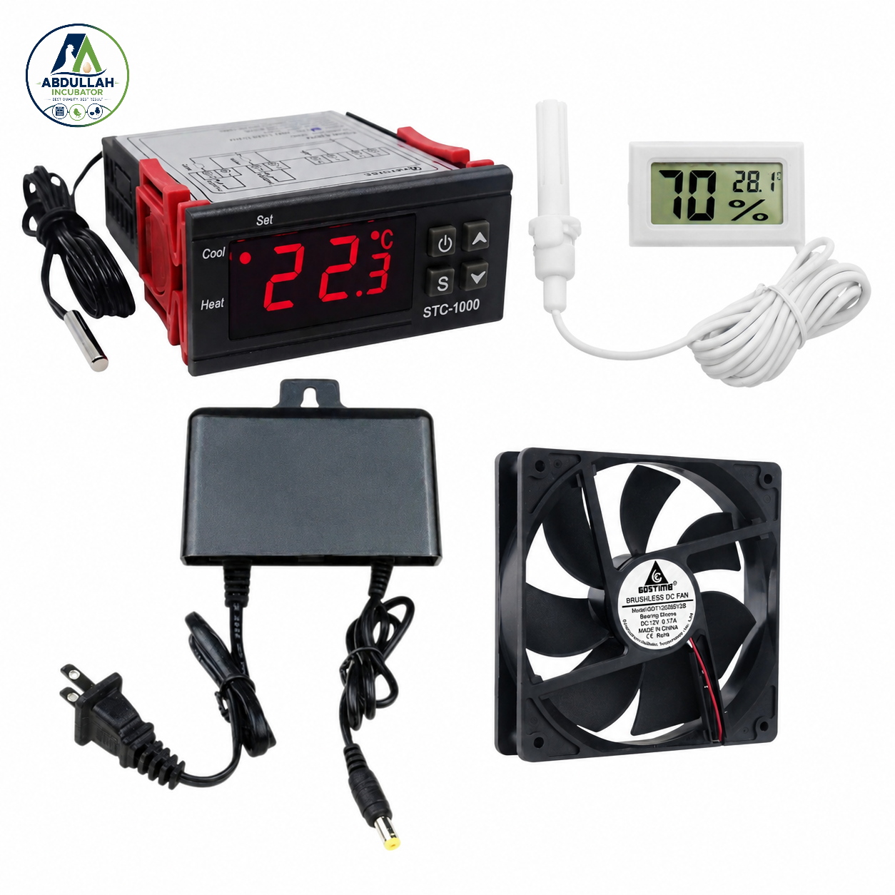STC-1000 AC Temperature Controller -  Display hygrometer  - 2A 12V CC Adaptor - 4" DC 12V Cooling fan -  Combo package 4 PS