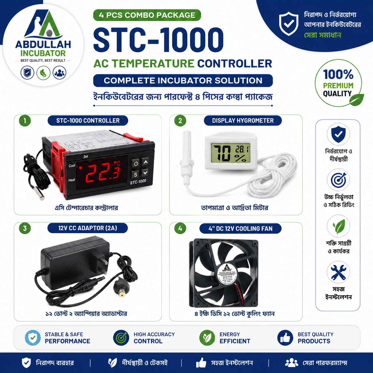 STC-1000 AC Temperature Controller -  Display hygrometer  - 2A 12V CC Adaptor - 4" DC 12V Cooling fan -  Combo package 4 PS