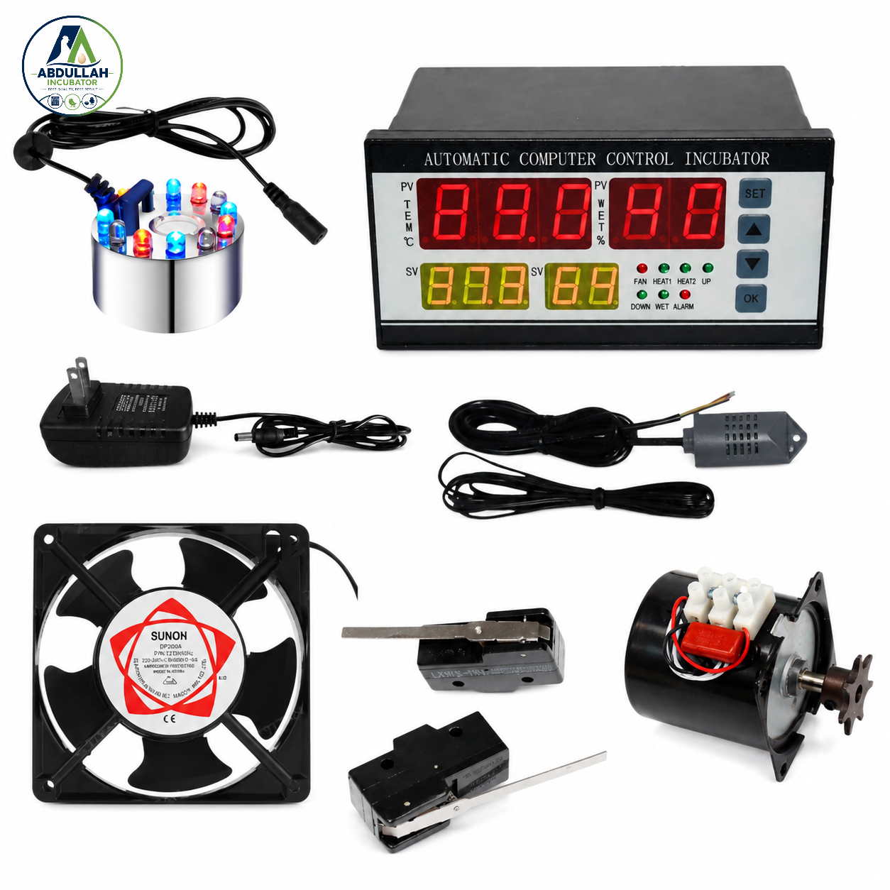XM-18 Double Circuit Full Automatic Egg Incubator Controller Ultrasonic Air Humidifier Mist Maker Steel Body Turning Motor 14 Watt Egg Turning Motor for Egg Incubator AC Cooling Fan AC 220V