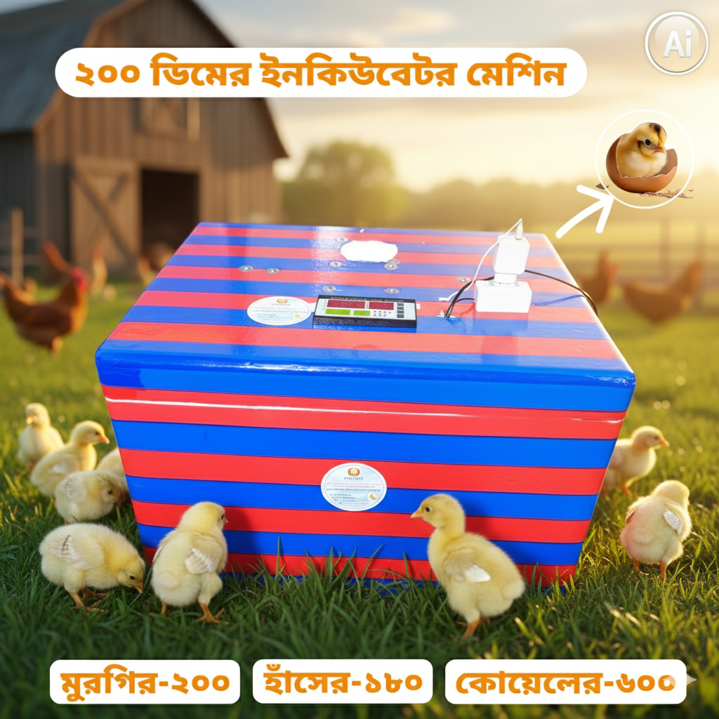 ২০০ ডিমের সেমি অটো ইনকিউবেটর মেশিন – ডিজিটাল টেম্পারেচার কন্ট্রোল, ৮৫–৯৫% হ্যাচিং রেট, হোম ও ফার্মের জন্য পারফেক্ট