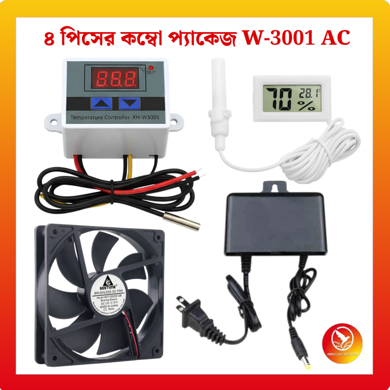 XH-W3001 তাপমাত্রা নিয়ন্ত্রক। মিনি থার্মোমিটার হাইগ্রোমিটার। ডিসি 12V কুলিং ফ্যান ভেন্টিলেটর ফ্যান। 12V2A ইউনিভার্সাল পাওয়ার অ্যাডাপ্টার চার্জার। কম্বো প্যাকেজ 4 PS