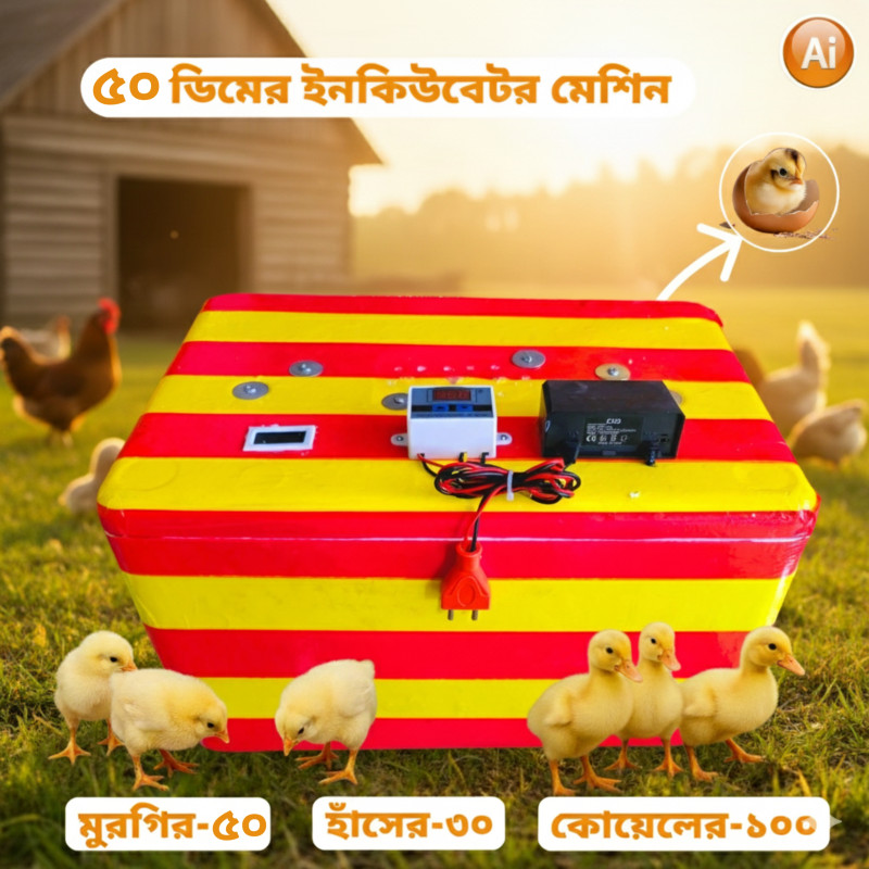 ৫০ ডিমের সেমি অটো ইনকিউবেটর মেশিন – ডিজিটাল টেম্পারেচার কন্ট্রোল, ৮৫–৯৫% হ্যাচিং রেট, হোম ও ফার্মের জন্য পারফেক্ট