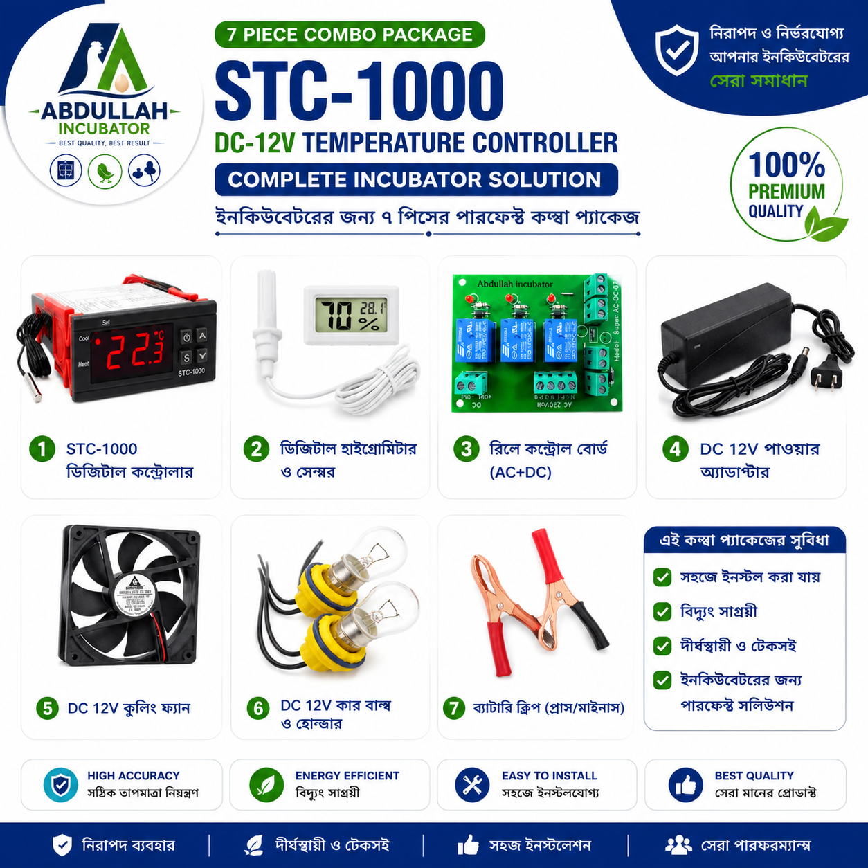 কন্ট্রোলার STC-1000 DC-12V 5A DC-12V চার্জার 4" DC-12V কুলিং ফ্যান AC DC লাঞ্চার বোর্ড DC-12V লাইট হোল্ডার 2 টুকরা ব্যাটারি ক্লিপ ব্যাটারির সাথে সংযুক্ত করার জন্য 2 টুকরা আর্দ্রতা পরীক্ষা করার জন্য হা