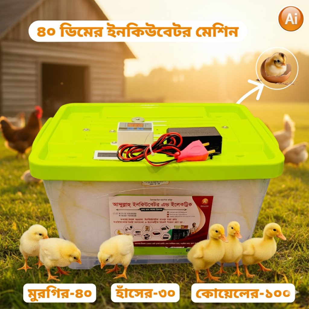 ৪০ ডিমের সেমি অটো ইনকিউবেটর মেশিন – ডিজিটাল টেম্পারেচার কন্ট্রোল, ৮৫–৯৫% হ্যাচিং রেট, হোম ও ফার্মের জন্য পারফেক্ট